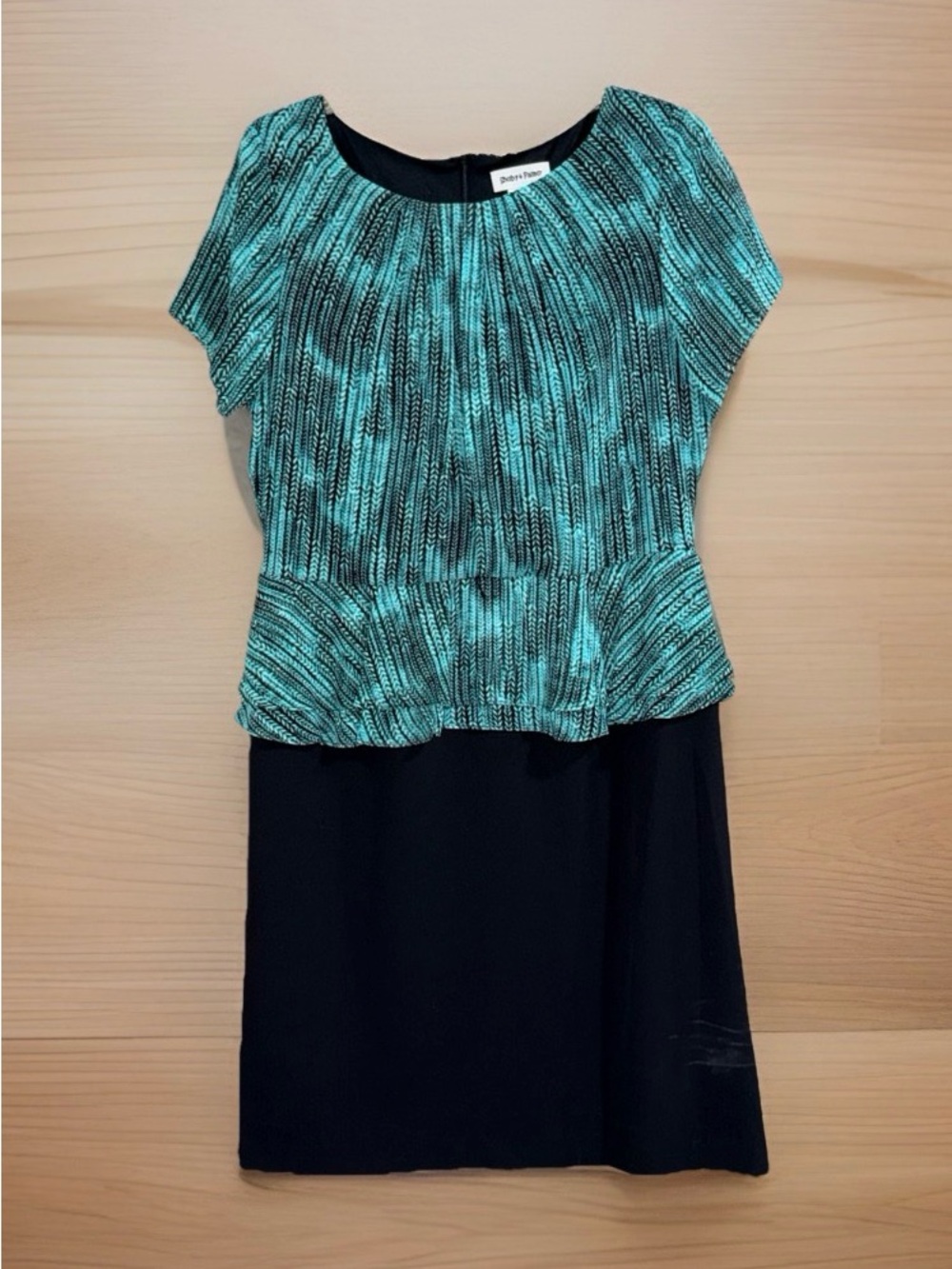 Shelby & Palmer Women’s Teal and Black Patterned Peplum Midi Dress-14-EC